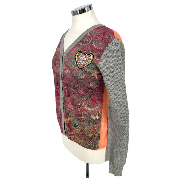 Desigual Printed Cardigan Heart Accent Sweater Sheer Back Size Medium - Picture 5 of 10